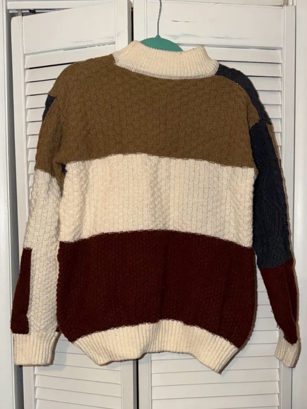 Men's Colorblock Cable Turtleneck Sweater - Cream, Brown & Rust